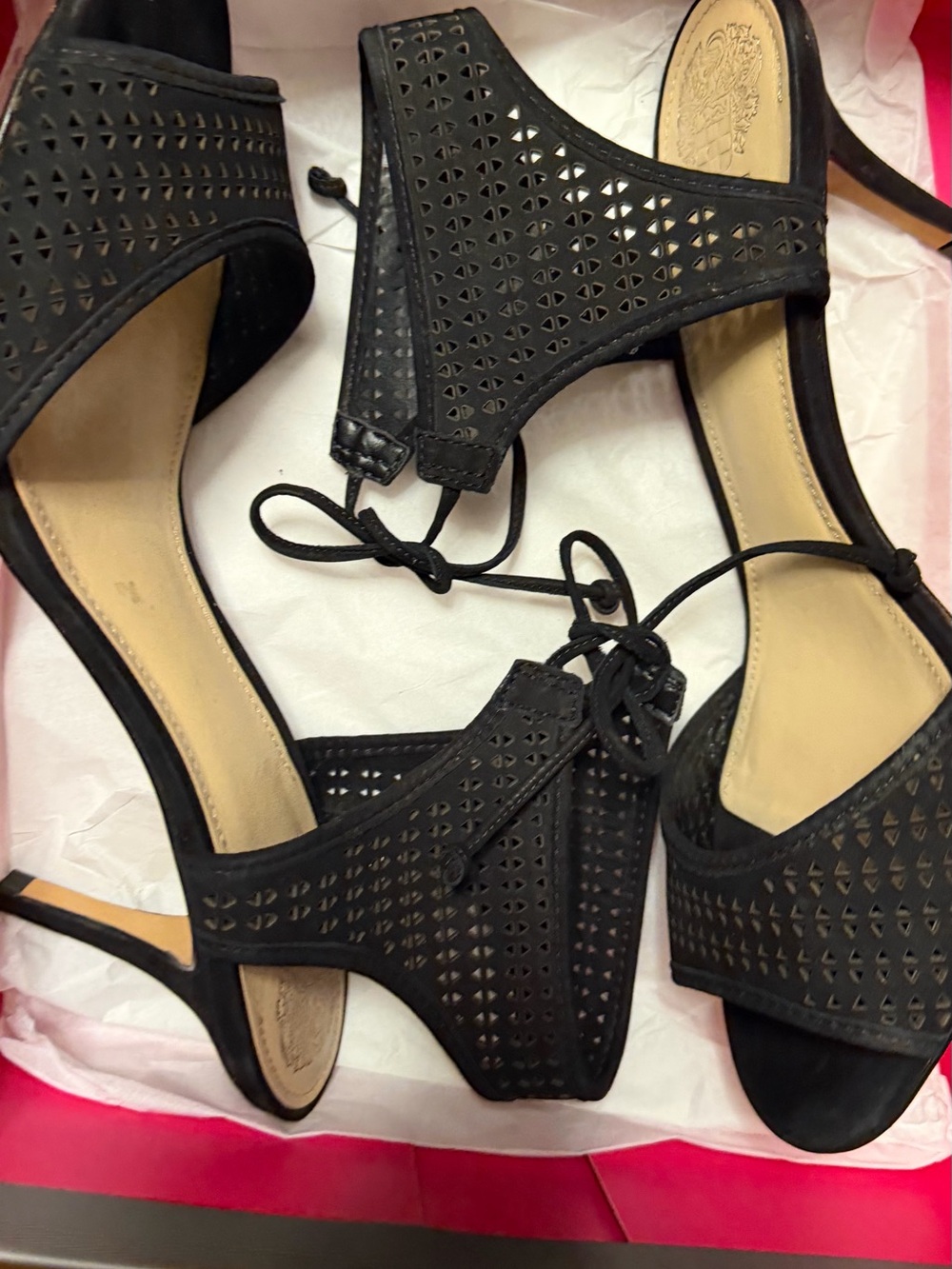 Vince Camuto Black Laser-Cut Lace-Up Heels